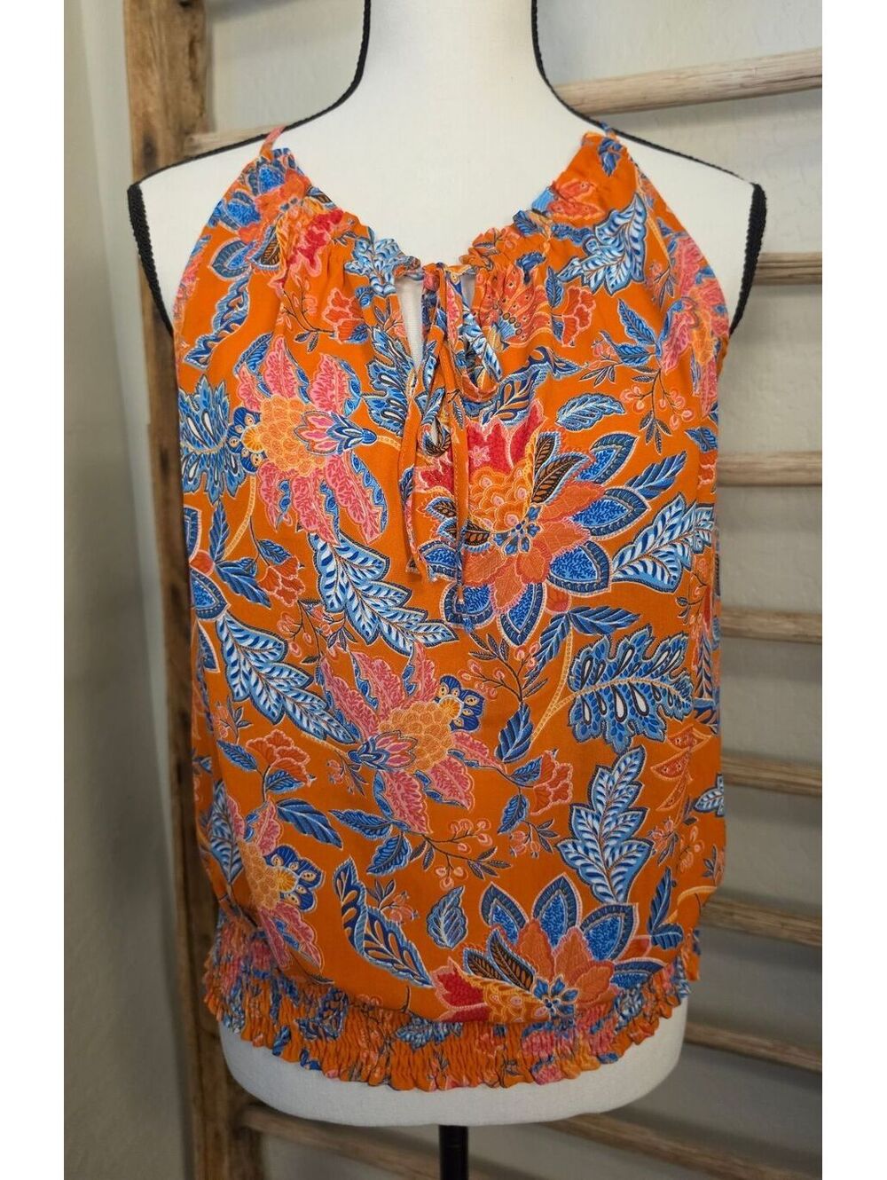 Rose + Olive Orange Floral Print Sleeveless Halter Top with Elastic Hem